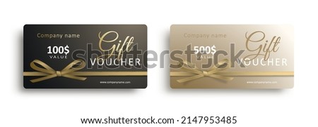 Set of gift vouchers with golden ribbons and bows. Template for a festive gift coupon, invitation and certificate. Vector Illustration Royalty-Free Stock Photo #2147953485