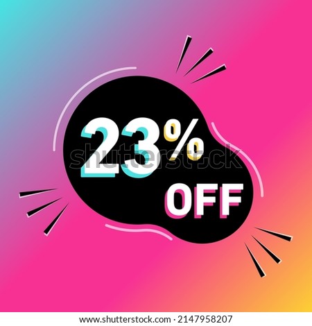23 % off vector illustration. Twenty three percent sales promotion. Rounded shape. White, black, blue, yellow and pink.Colorful shadows. Gradient background.