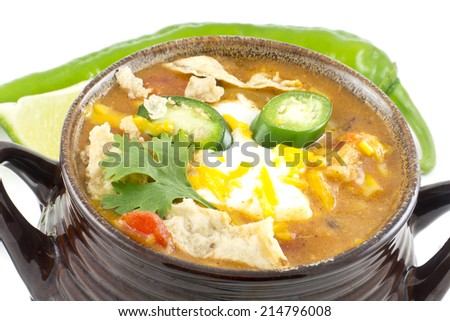 Hearty and spicy tortilla soup with hot peppers and cilantro garnish