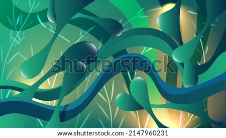 A fantastic backdrop of overlapping abstract shiny shapes, vegetal elements and stripes of green and azure tones. Template for your projects. Vector.