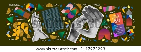 Art objects and abstraction. Vector illustrations of geometric shapes, spots, lines and hands for background, poster or flyer