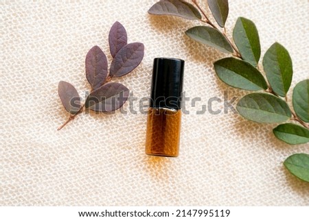 Amber glass bottle with green and purple leaves on natural background