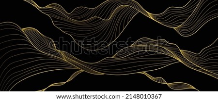 Elegant abstract line art on black background. Luxury hand drawn and golden texture with gold wavy line. Shining wave line design for wallpaper, banner, prints, covers, wall art, home decor.