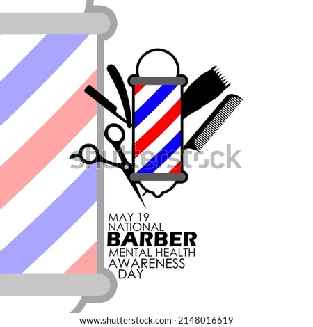 Barber shop sign light with barber shop equipment like scissor, comb, shaving machine and more with bold texts on white background, National Barber Mental Health Awareness Day May 19