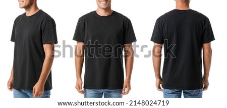 Set of young man in black t-shirt on white background. Mockup for design Royalty-Free Stock Photo #2148024719