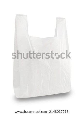 Plastic grocery bag. Close up of empty white plastic bag with space for your logo. Isolated on white background. Disposable plastic bag with handles. Clipping path. Royalty-Free Stock Photo #2148037713