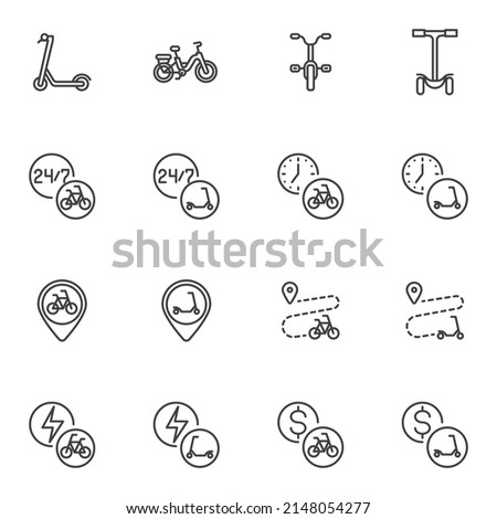 Electric transport sharing line icons set, bike and scooter rental outline vector symbol collection, linear style pictogram pack. Signs, logo illustration. Set includes icons as scooter location