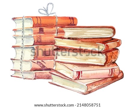 Beautiful book stack design.Watercolor hand painted books illustration. Book lover concept.Student themed design.