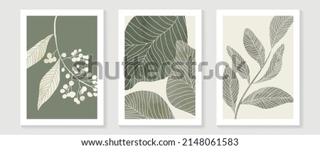 Vintage style foliage wall art template. Collection of hand drawn leaves with green watercolor texture, leaf branch, line art. Botanical poster set for wall decoration, interior, wallpaper, banner. Royalty-Free Stock Photo #2148061583