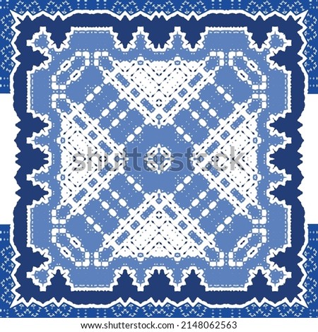 Traditional ornate portuguese azulejo. Vector seamless pattern flyer. Bathroom design. Blue abstract background for web backdrop, print, pillows, surface texture, wallpaper, towels.