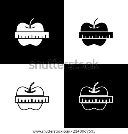 Set Apple and measuring tape icon isolated on black and white background. Excess weight. Healthy diet menu. Fitness diet apple. Vector