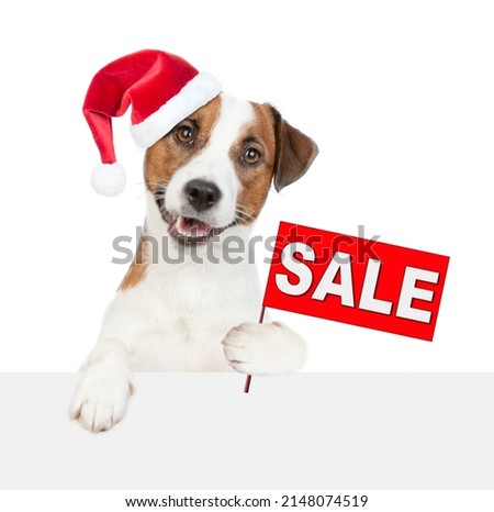 Jack russell terrier puppy wearing red christmas hat holds sales symbol above empty white banner. isolated on white background