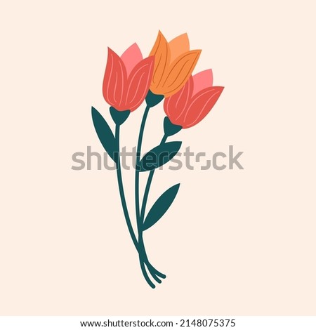 Cute cartoon vector illustration of colorful beautiful red and yellow tulips isolated on pastel background