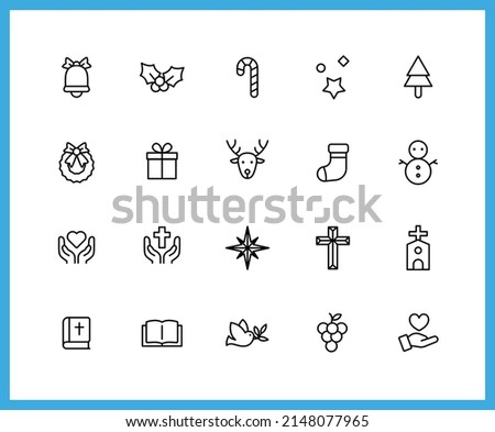 Collection of Christmas linear icons. Set of Bell, tree, santa, December, Christian  symbols drawn with thin contour lines. Vector illustration.
