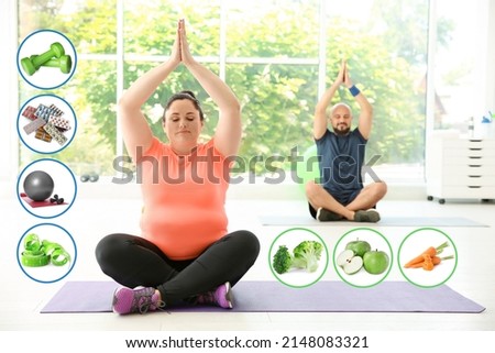 Weight loss concept. Overweight man and woman practicing yoga in gym