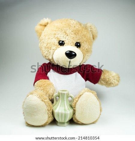 light brown teddy bear and small vase on white background 