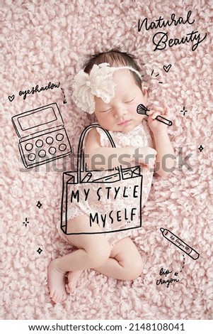 Beauty Baby Girl wearing pink lace suit and lace headband. She is shopping cosmetics such as lipstick, brush, eye-shadow palette, shopping bag. Newborn picture with drawing (doodle) 