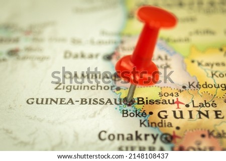 Location Guinea-Bissau, map with push pin closeup, travel and journey concept with marker, Africa
