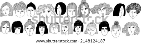 Set of female faces. Different characters. Black and white portraits. Quirky portraits of pretty ladies.  Hand drawn trendy Vector illustration. 