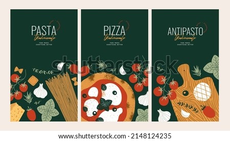 Italian food vertical design templates. Tasty pizza. Dry pasta. Antipasto board. Royalty-Free Stock Photo #2148124235