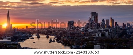 Beautiful, panoramic sunset view of the skyline of London from a unique, elevated viewpoint