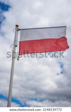 Polish banner wave on the background of cloudy, dramatic sky. Picture taken in the day, sky full of clouds.  