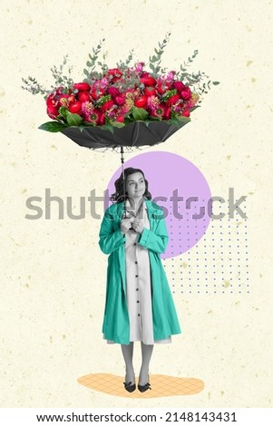 Dreams and hopes. Composition with beautiful young smiling girl holding umbrella with flowers isolated on light abstract background. Contemporary art collage. Love, care, mother's day Royalty-Free Stock Photo #2148143431