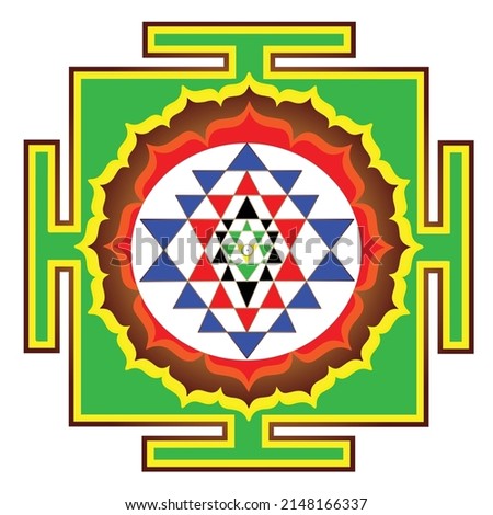 The Shri Yantra original colors mystical diagram the “queen of yantras”, evolution of the multiverse as a result of the natural Divine Will. Isolated on white background. Royalty-Free Stock Photo #2148166337