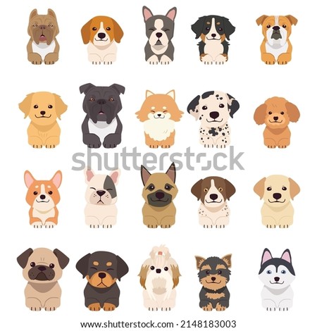 Set of row of the tops of heads of dogs with paws up, peeking over. Illustration of Hawaii dog and pet in flat vector style.