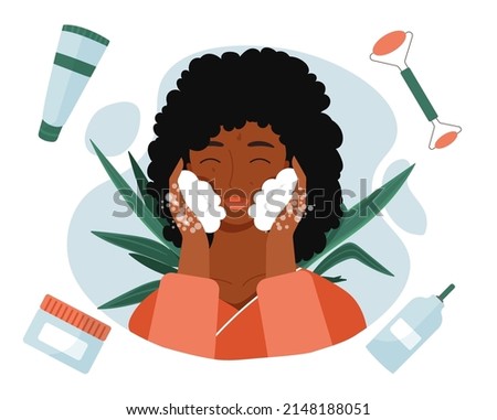 Skin care concept. Young girl applies cosmetic product on her face. Rejuvenation and anti wrinkle treatment. Moisturizers and lotions, organic and natural products. Cartoon flat vector illustration