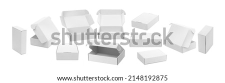 Set White carton boxes opened and closed isolated on white background Royalty-Free Stock Photo #2148192875