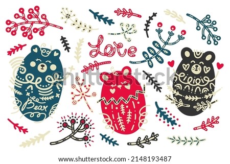 Big holiday vector collection in scandinavian folk style. Cute cartoon drawn bear cubs with ornaments, flowers and inscriptions for patterns, posters, postcards, textiles, decor, interior, nursery