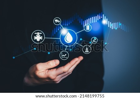 Stock market concept with oil industry icons and high-low graph on background. Black and blue colors