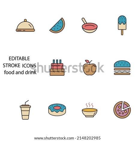 Set of fast food and drink color outline icons. Meal and beverage vector illustration.