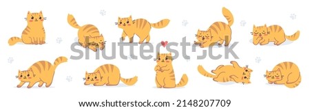 Vector set of illustration with happy cute red cat character on white color background. Flat line art style design of group of animal cat in different pose for web, greeting card, banner, sticker