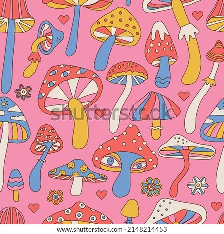 Funny crazy psilocybin magic mushroom seamless pattern. Magic mushroom,psilocybin background print concept. Vector hand drawn colorful linear illustration. Royalty-Free Stock Photo #2148214453