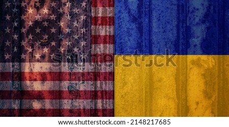 USA helps Ukraine in war. Stop the war concept. United states of America and Ukrainian country flags. Russian Invasion of Ukraine.