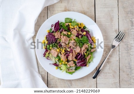 Tuna salad with lettuce, spring onions, brussels sprout, cabbage, arugula, radish and canned tuna. Vitamin salad. Close up. Flat lay Royalty-Free Stock Photo #2148229069
