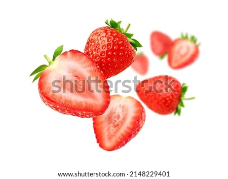 Strawberry with cut in half levitate isolated on white background, Royalty-Free Stock Photo #2148229401