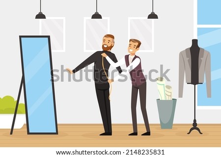 Man Tailor or Fashion Designer Working in Atelier Studio Taking Measurement with Client Vector Illustration