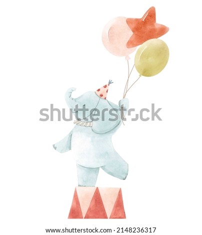 Beautiful children illustration with cute watercolor hand drawn circus animal. Baby elephant with air balloons. Stock illustration.