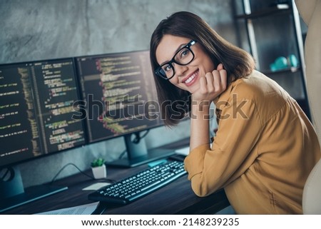 Profile side photo of young cheerful woman workplace designer expert sit table eyewear website indoors Royalty-Free Stock Photo #2148239235