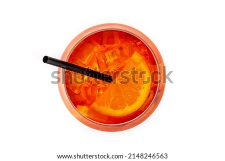 Glass of aperol spritz cocktail isolated on white background. Top view Royalty-Free Stock Photo #2148246563
