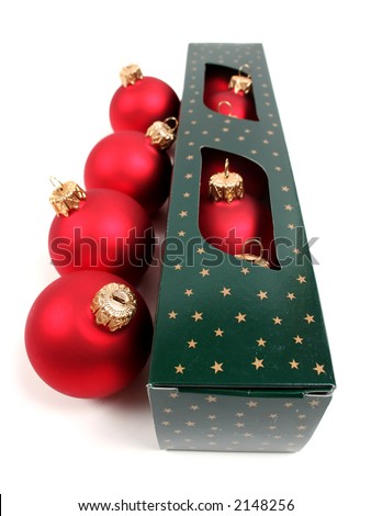 getting ready for the Holidays - green box and red christmas balls and ribbon