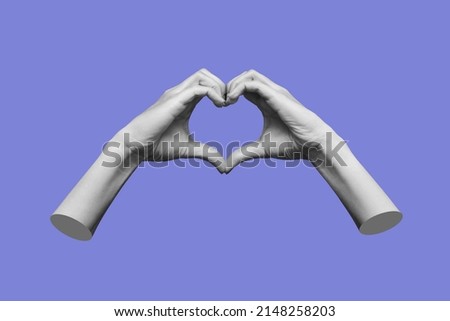 Human female hands showing a heart shape isolated on a purple color background. Feelings and emotions. 3d trendy collage in magazine style. Contemporary art. Modern design Royalty-Free Stock Photo #2148258203