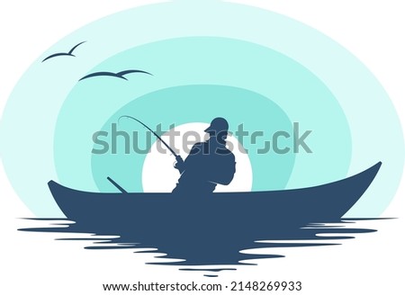 Fisherman with a fishing rod in a boat. Fishing on a sunset symbol background