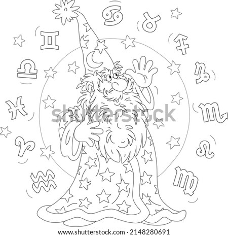 Wizard astrologer reciting magic spells and Zodiac signs of constellations flying around him, black and white outline vector cartoon illustration for a coloring book page