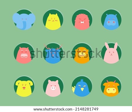Cute animal heads set, funny faces of Hippopotamus, Lion, Cat, Elephant, Rabbit, Monkey, Deer, Horse, Cow, Parrot, Pig, Dog. Flat design. 