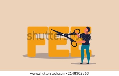 Fee waiver charge and account cost interest to paid. Offer safety package custom and discount vector illustration concept. Businessman commission cut with scissors and decrease rate percent earnings