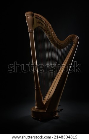 Harp isolated in low light - strings instrument in studio - artistic harp in studio Royalty-Free Stock Photo #2148304815